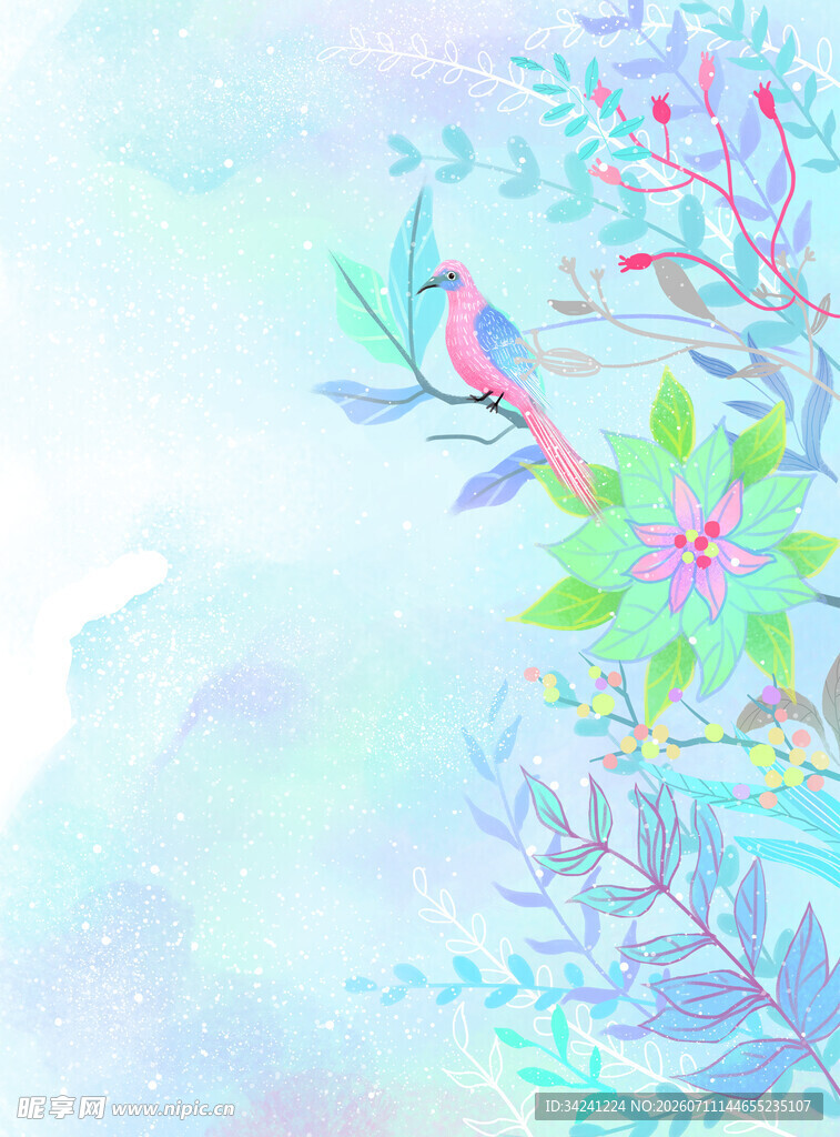 梦幻花卉与小鸟水彩插画