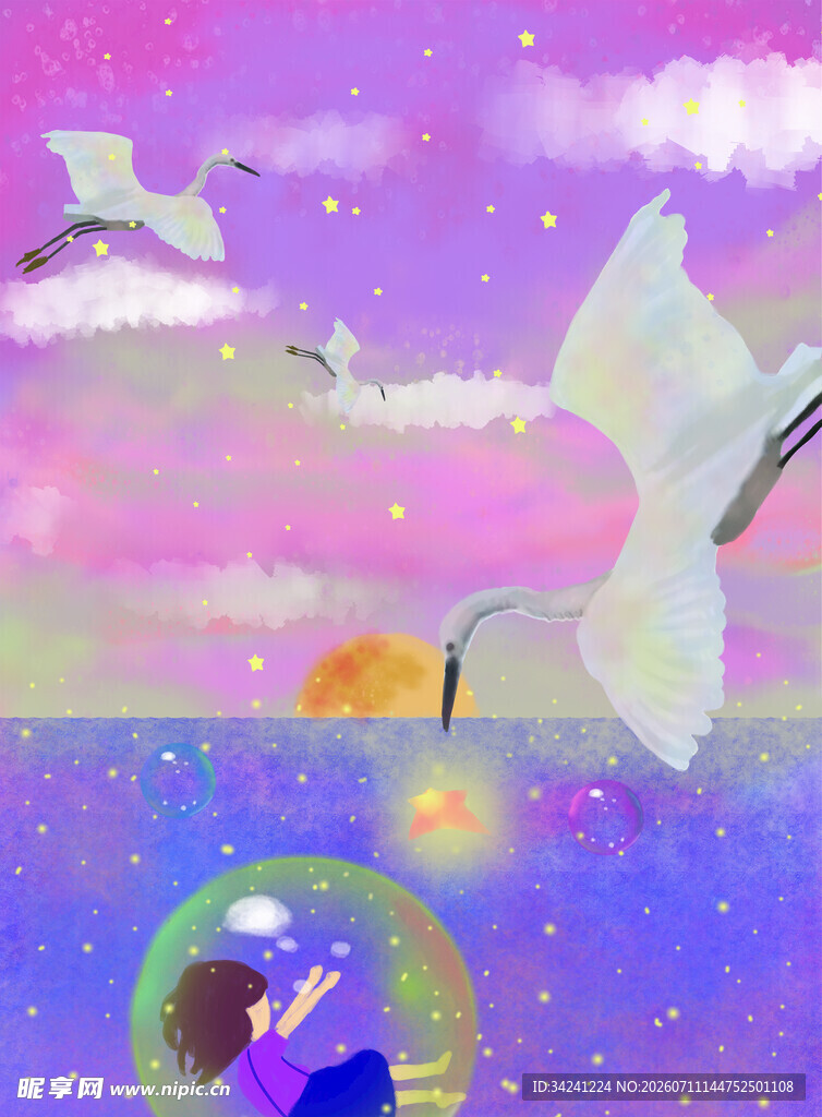 梦幻天空下的飞鸟与人物