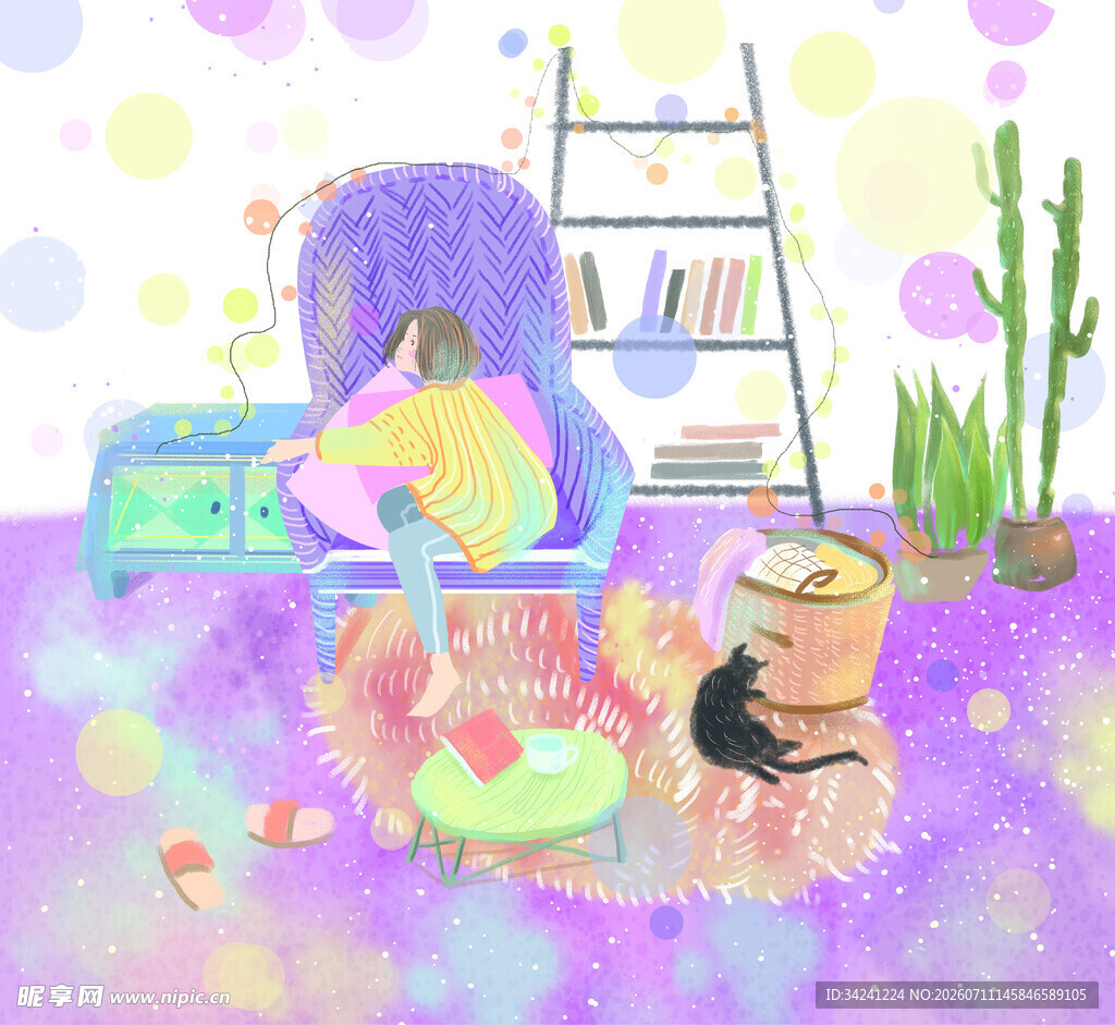 女孩惬意的室内独处时光