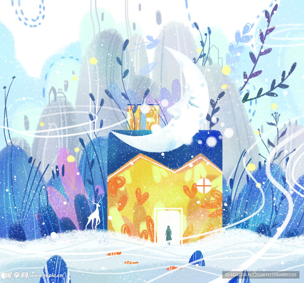 冬日梦幻小屋雪景插画