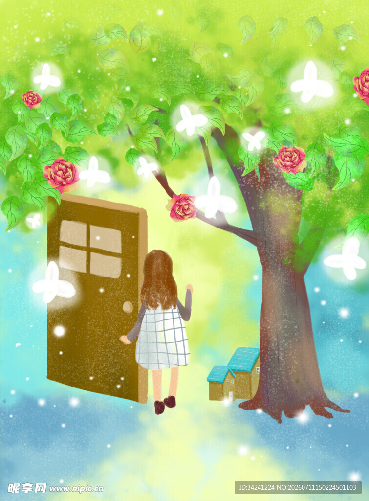 女孩树下探寻神秘之门