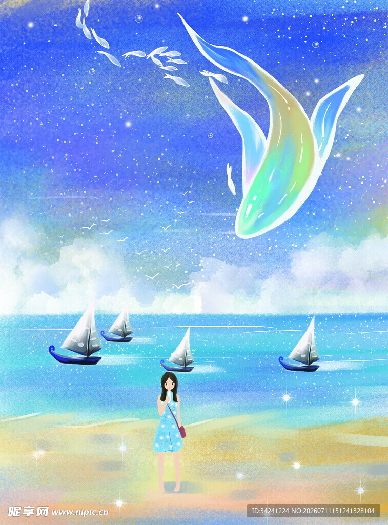 梦幻海滩上的奇幻飞翔场景