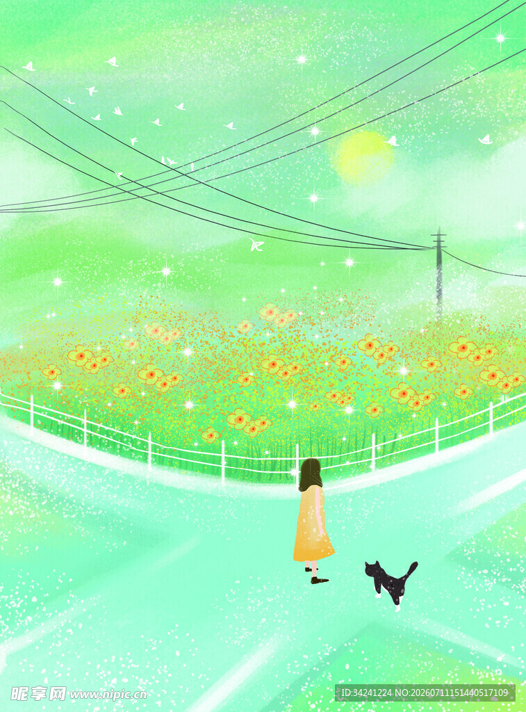 女孩与狗漫步花田小路