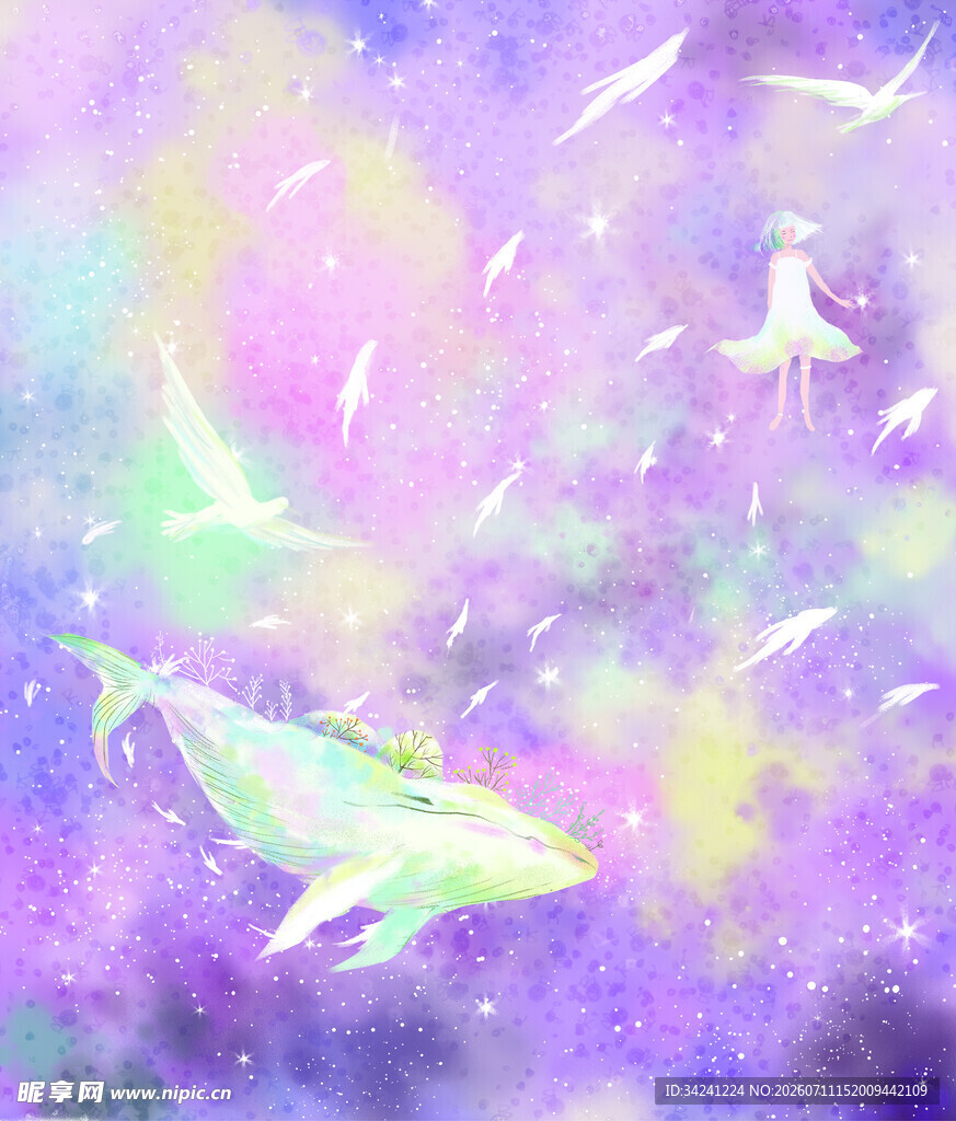梦幻鲸鱼与飞鸟的奇幻图景