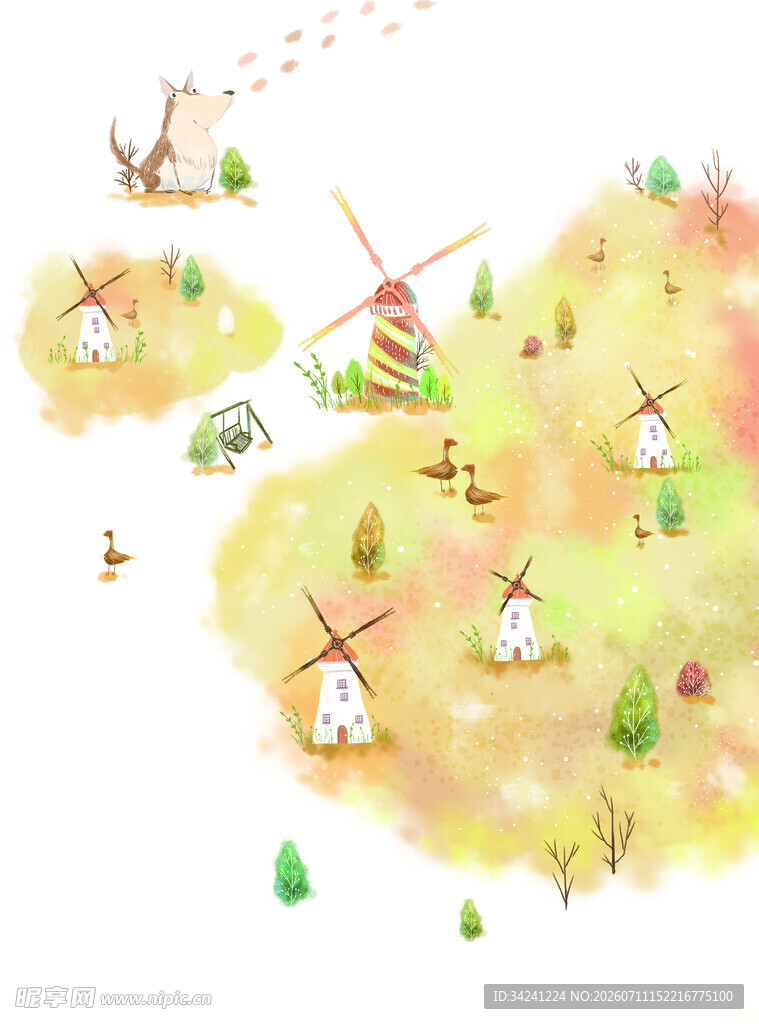 梦幻风车田园插画场景