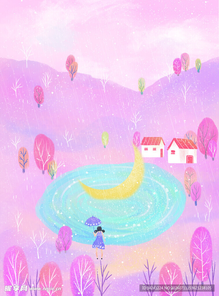 梦幻粉紫湖畔的童话场景