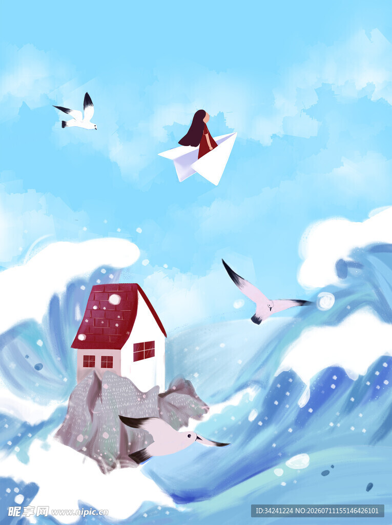 雪浪中的红顶小屋与飞鸟