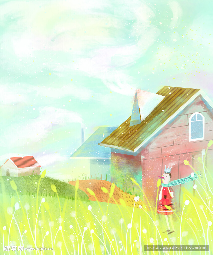 田园小屋旁的红衣女孩