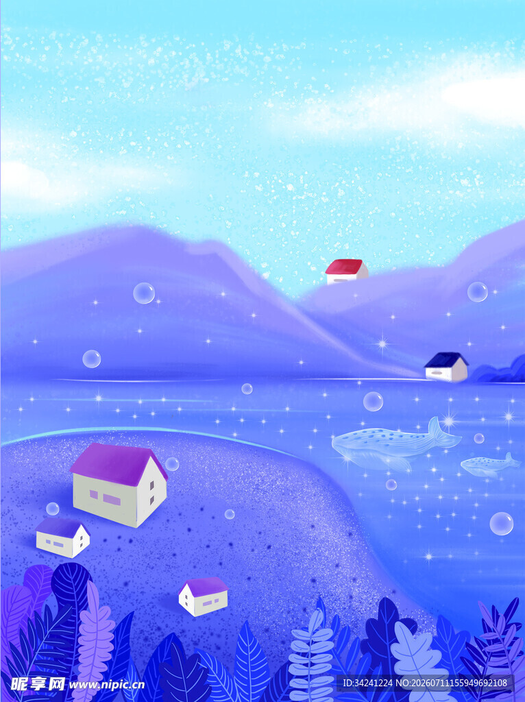冬日湖畔小屋雪景插画