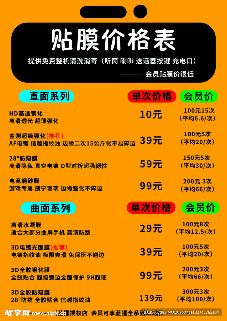 价格表