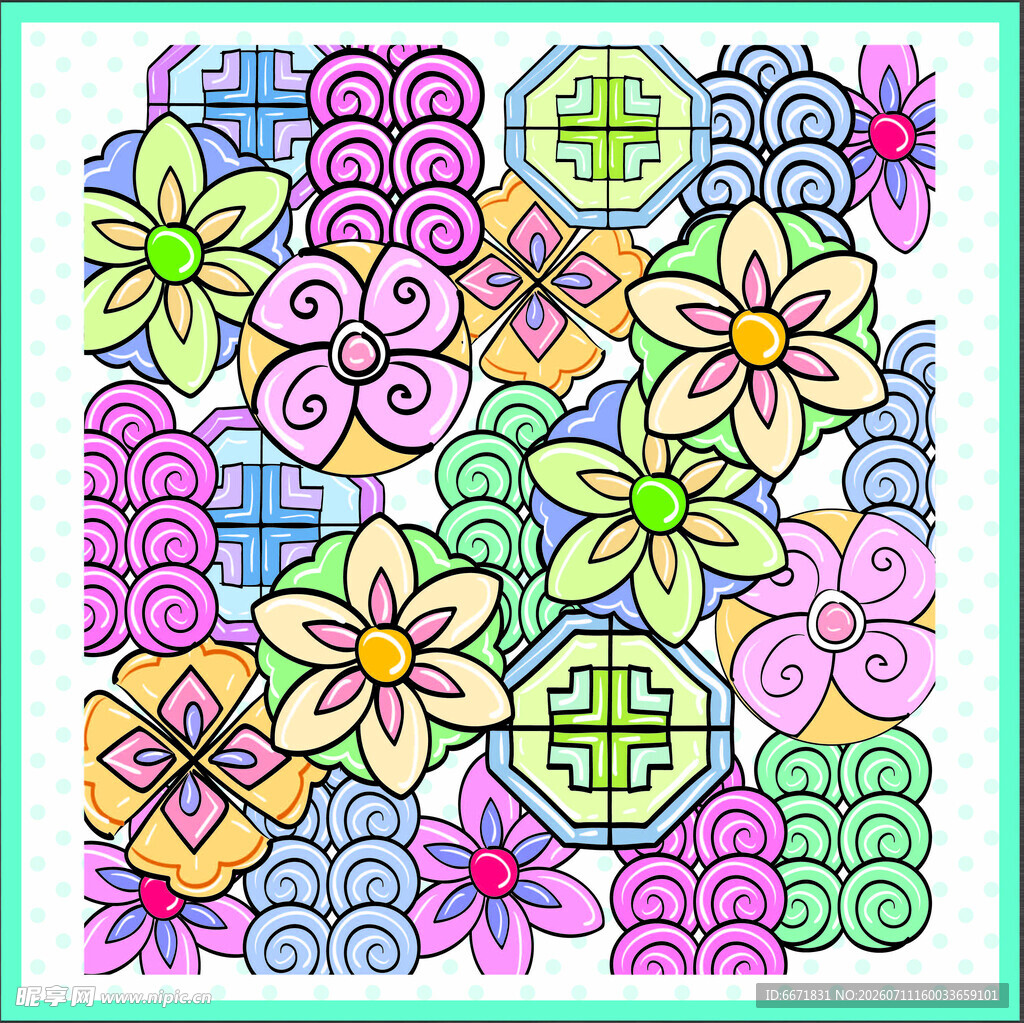 多彩花卉几何图案填色图