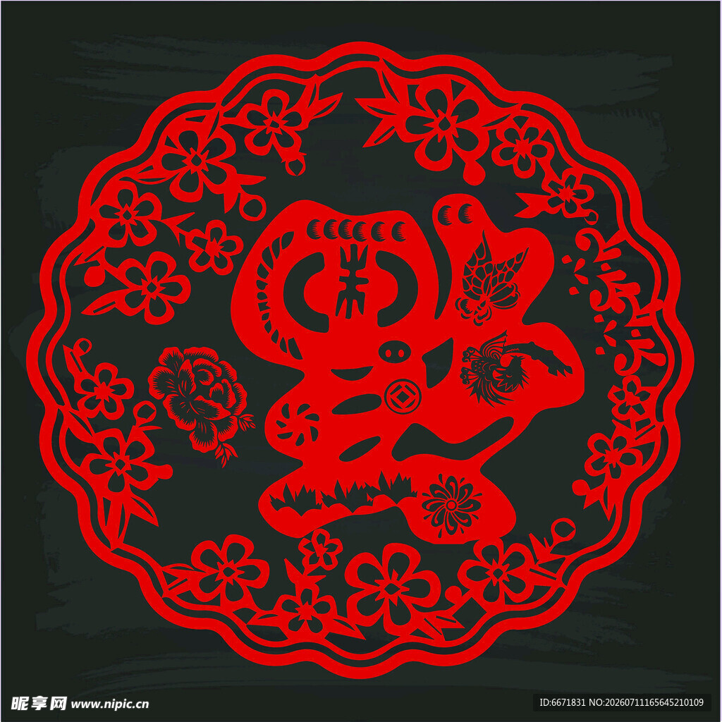 红色剪纸风兔年吉祥图案