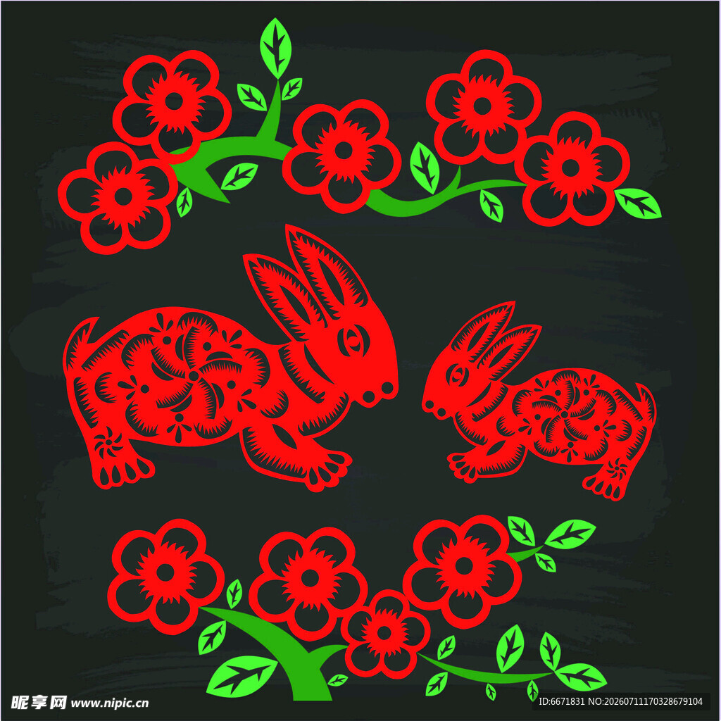 红色剪纸风兔与花卉图案