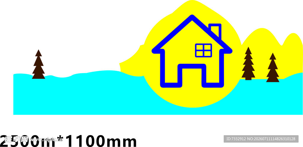 蓝色小屋与黄色背景风景