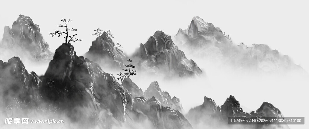 水墨群山间的孤独塔影
