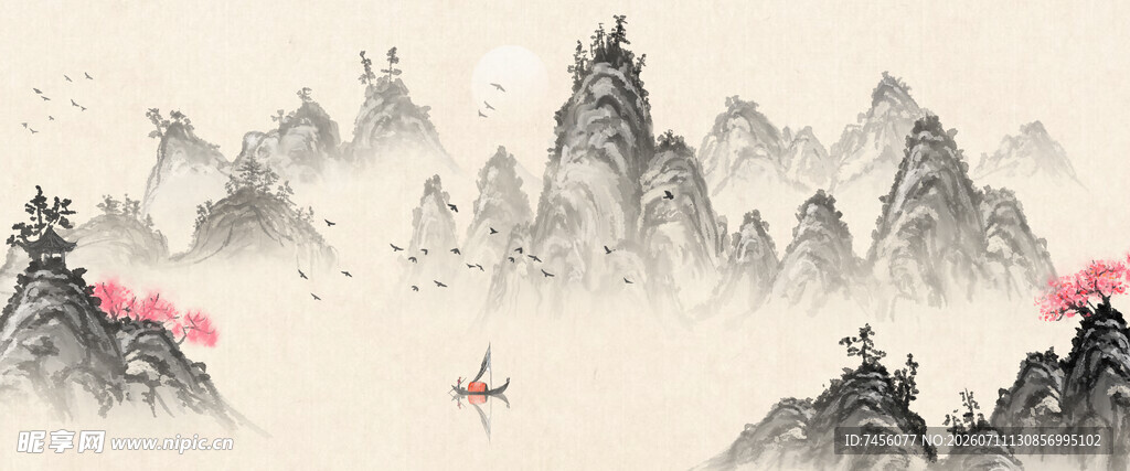 水墨山水间孤舟泛江景