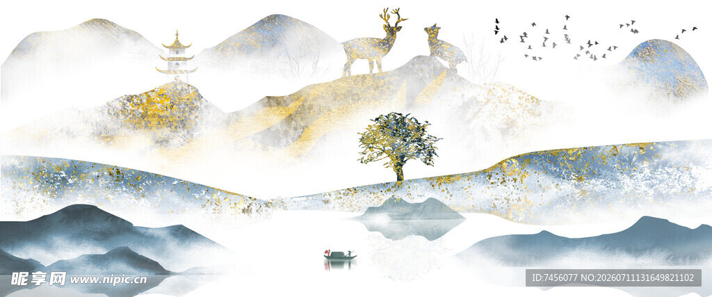 水墨山水间的孤独小树