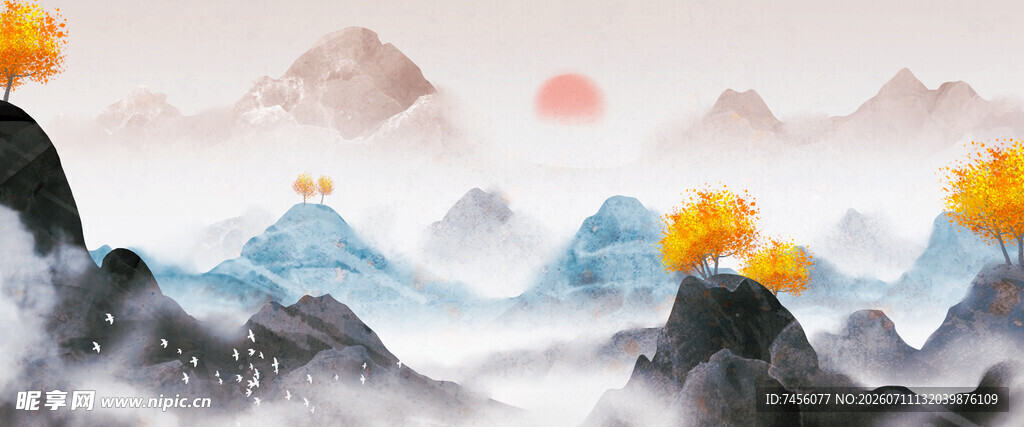 水墨山水间的秋日晨曦