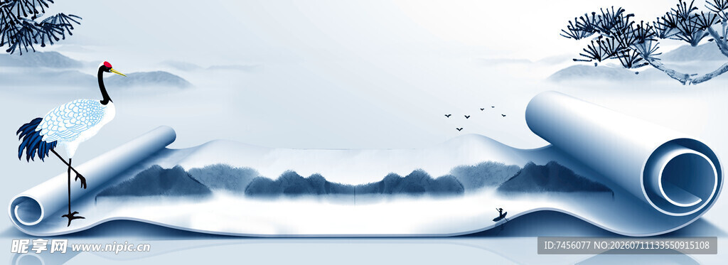 水墨卷轴雪景意境图