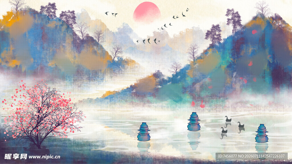 水墨山水间的诗意泛舟景