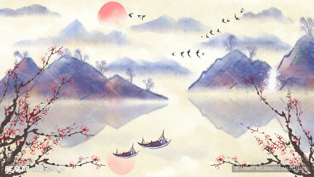 水墨山水间的春日泛舟景