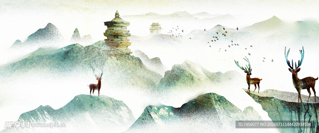 水墨山水间的鹿与古塔