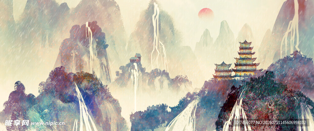 水墨山水间的巍峨古塔