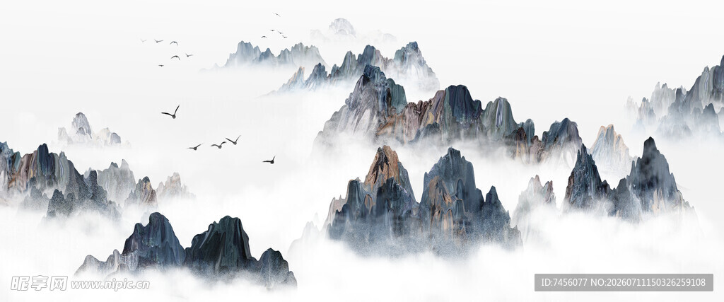 水墨群山云雾缭绕之景