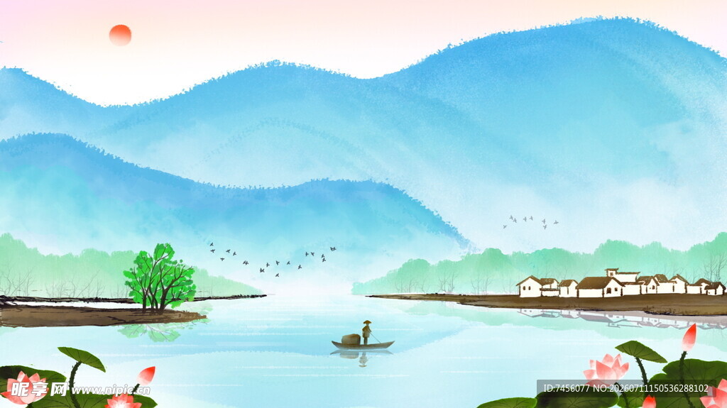 山水湖畔美景图