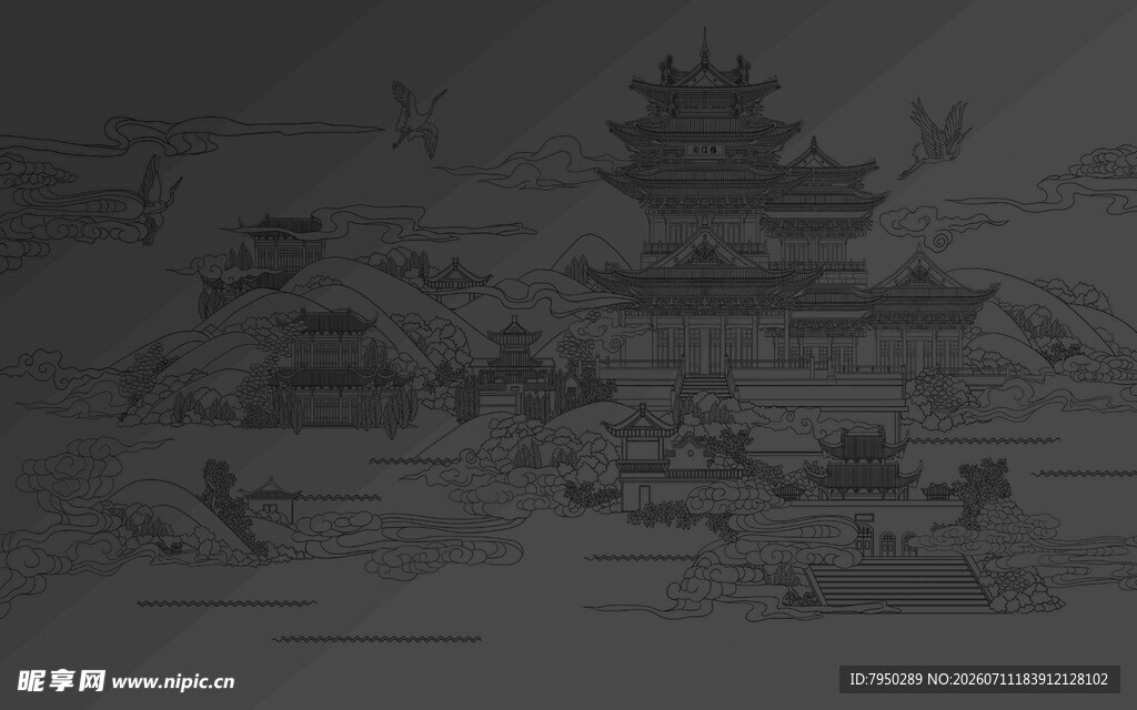 水墨古风山水建筑图景合层