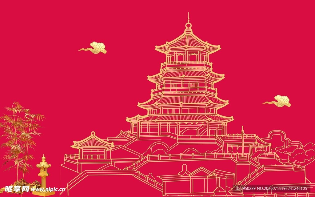 中式古建筑红色背景图案
