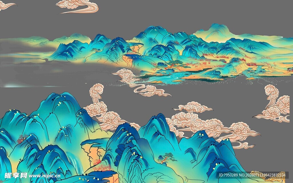 中式山水古建筑风景图