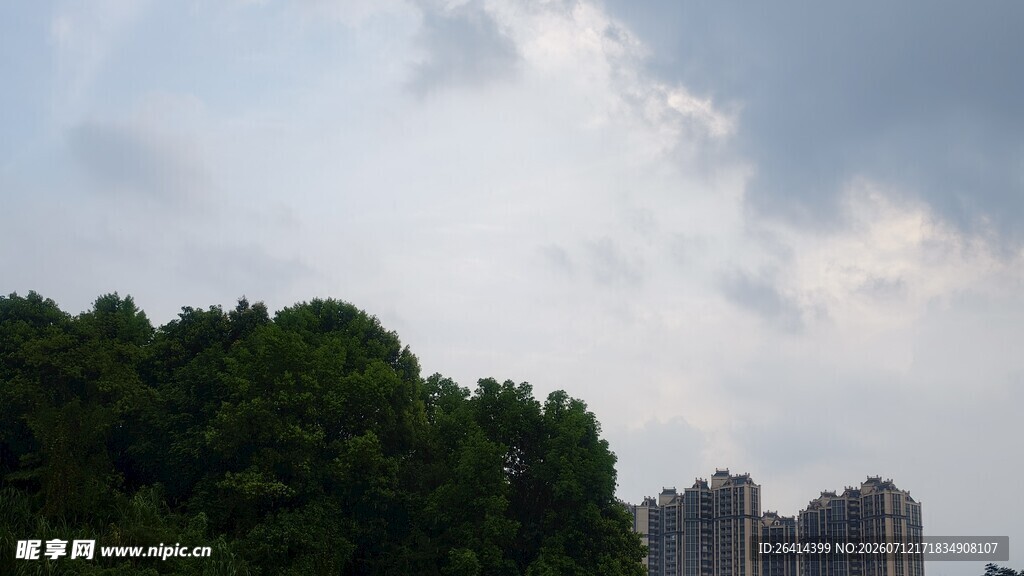 城市上空的绿树与云层