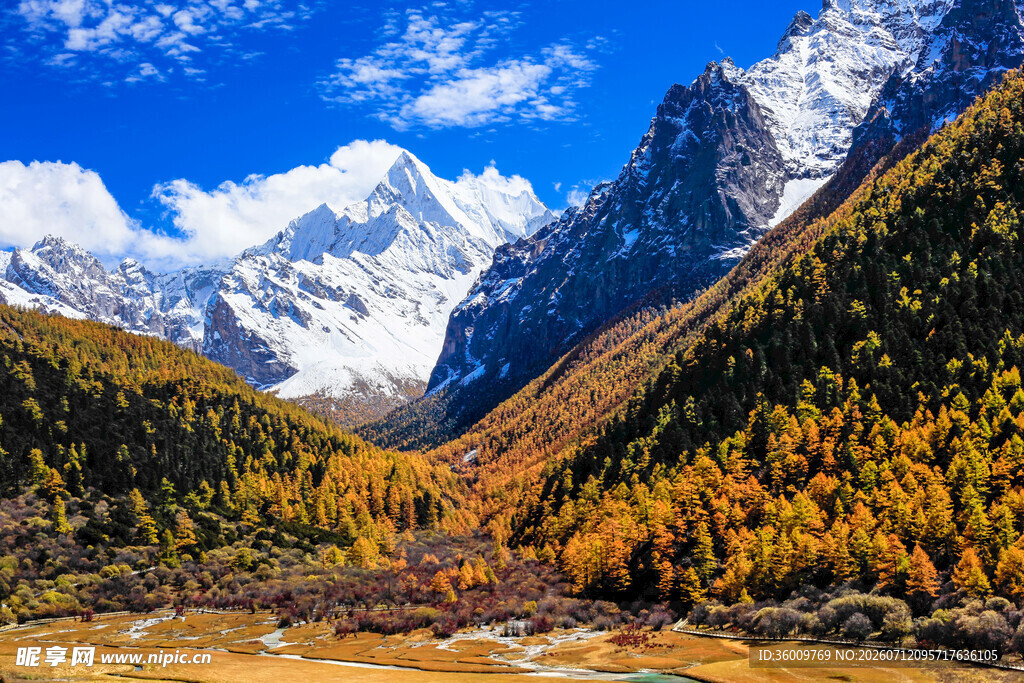 秋日山谷中的壮丽雪山景色