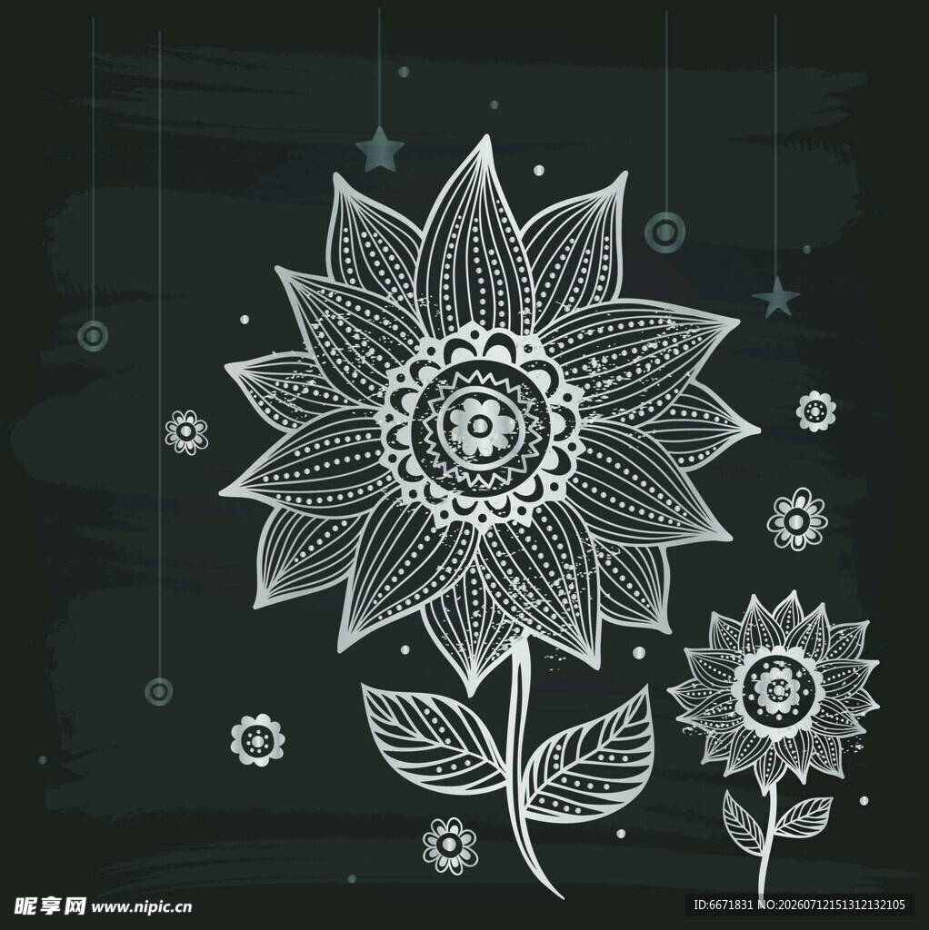 手绘黑白花卉装饰图案