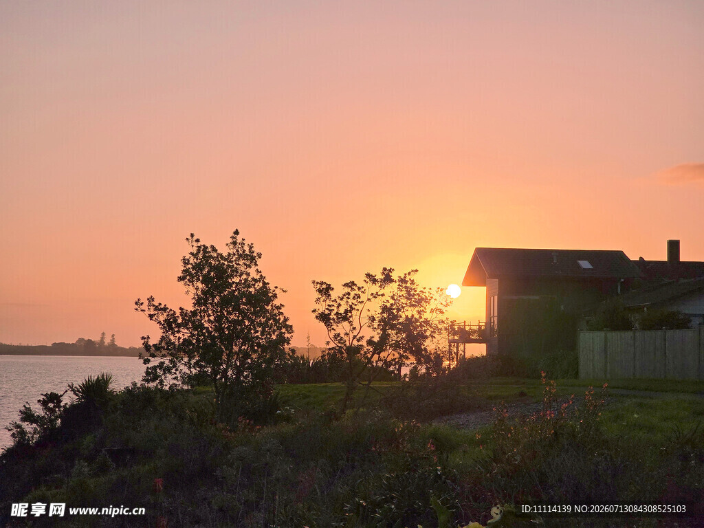 夕阳下的小屋与绿植景观