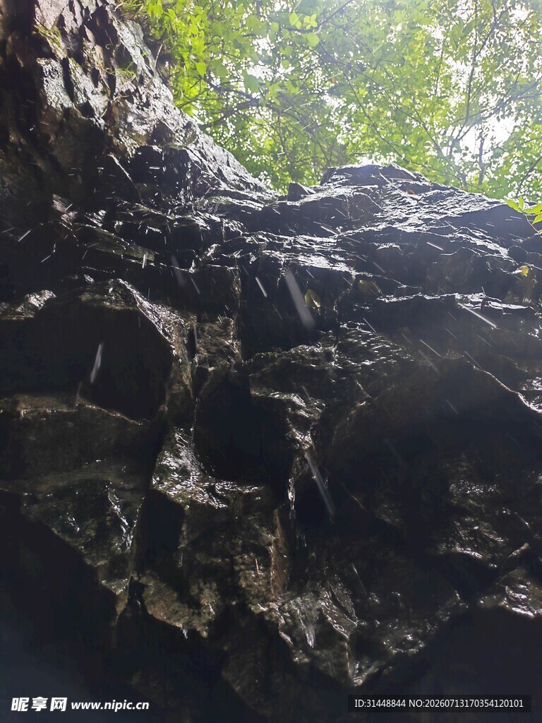 仰视下的嶙峋岩石与绿树