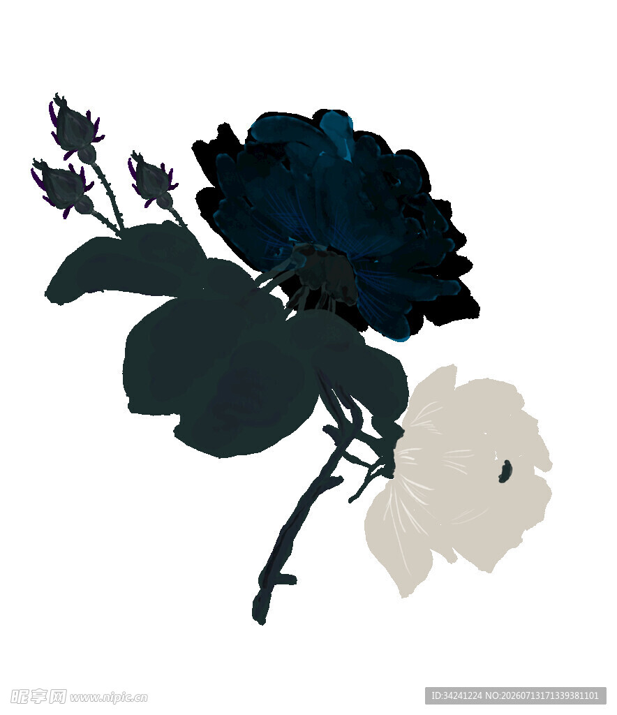 蓝白花朵剪影插画