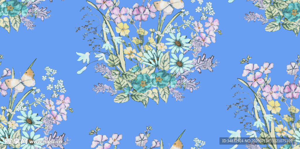 蓝色花卉无缝图案背景