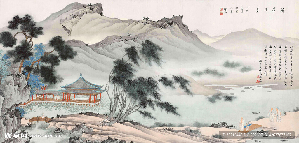 水墨山水古建筑风景图