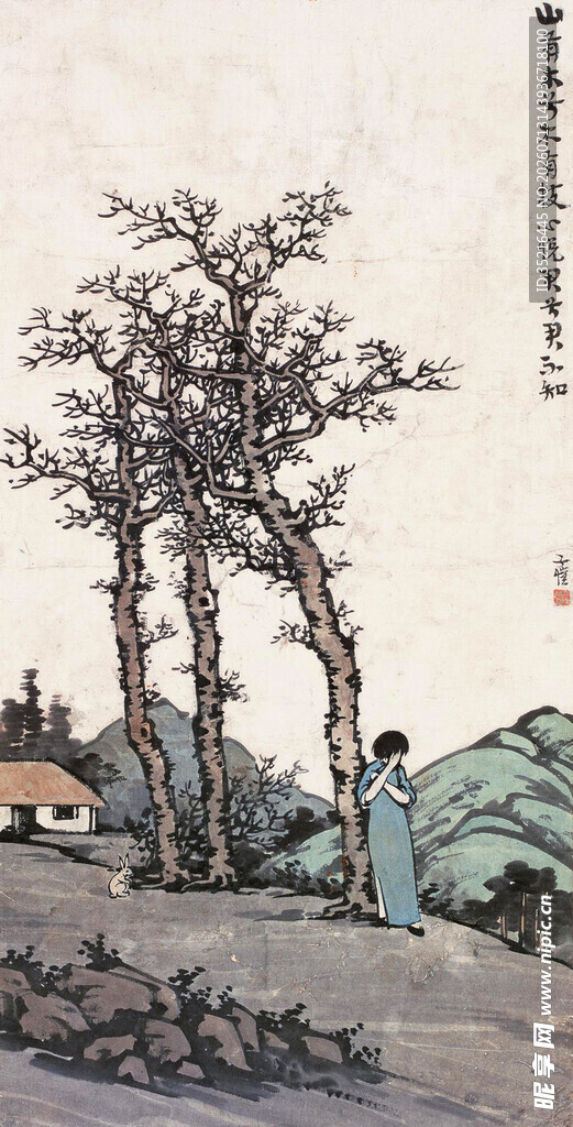 水墨山水间的孤树景致