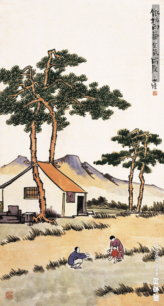 中式田园山水人物画