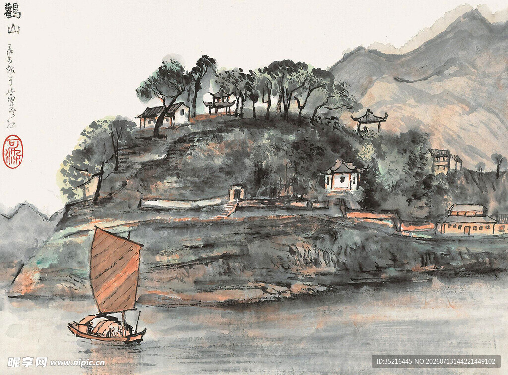 江上孤舟与岸畔青山图景