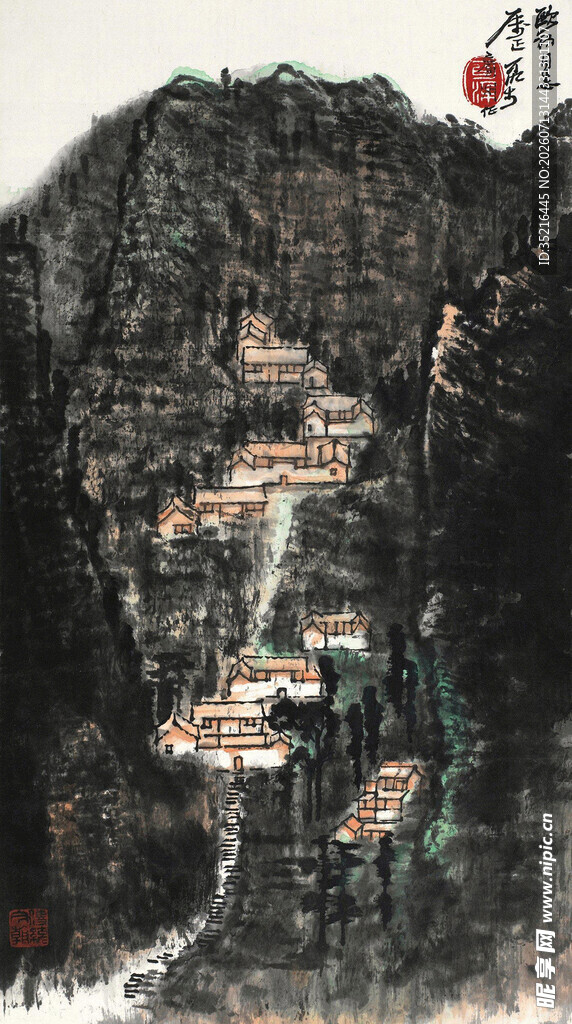 水墨山水间的村落景致
