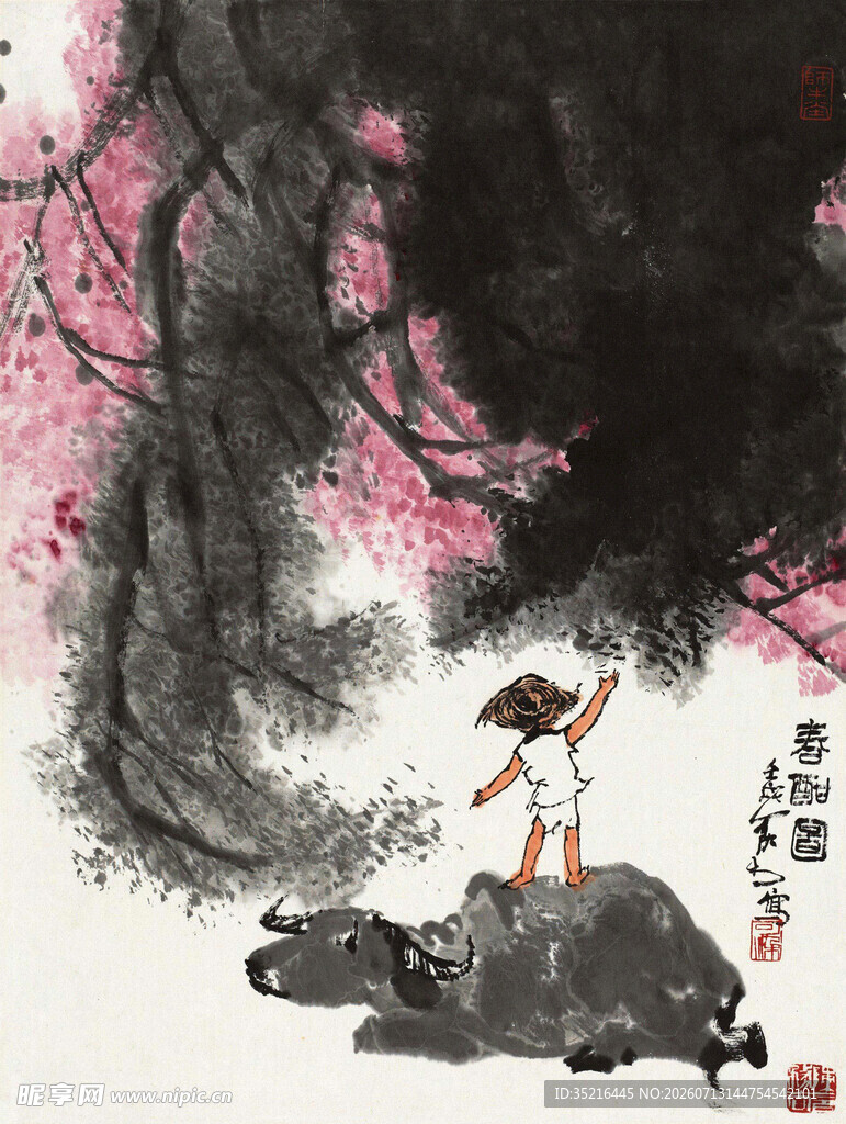 孩童骑龟赏繁花