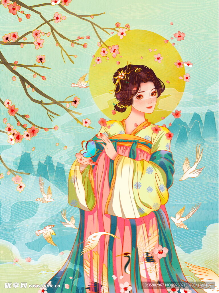 古风汉服女子持扇赏景