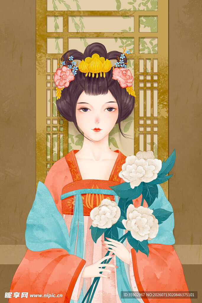 古风持花仕女图