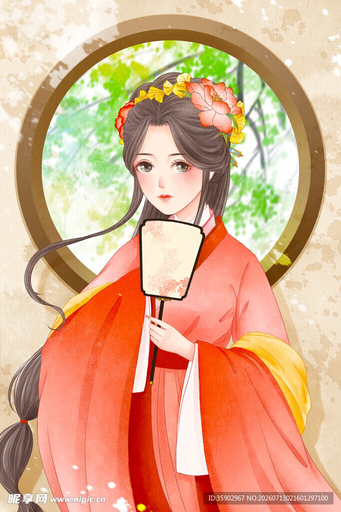古风红衣持扇女子