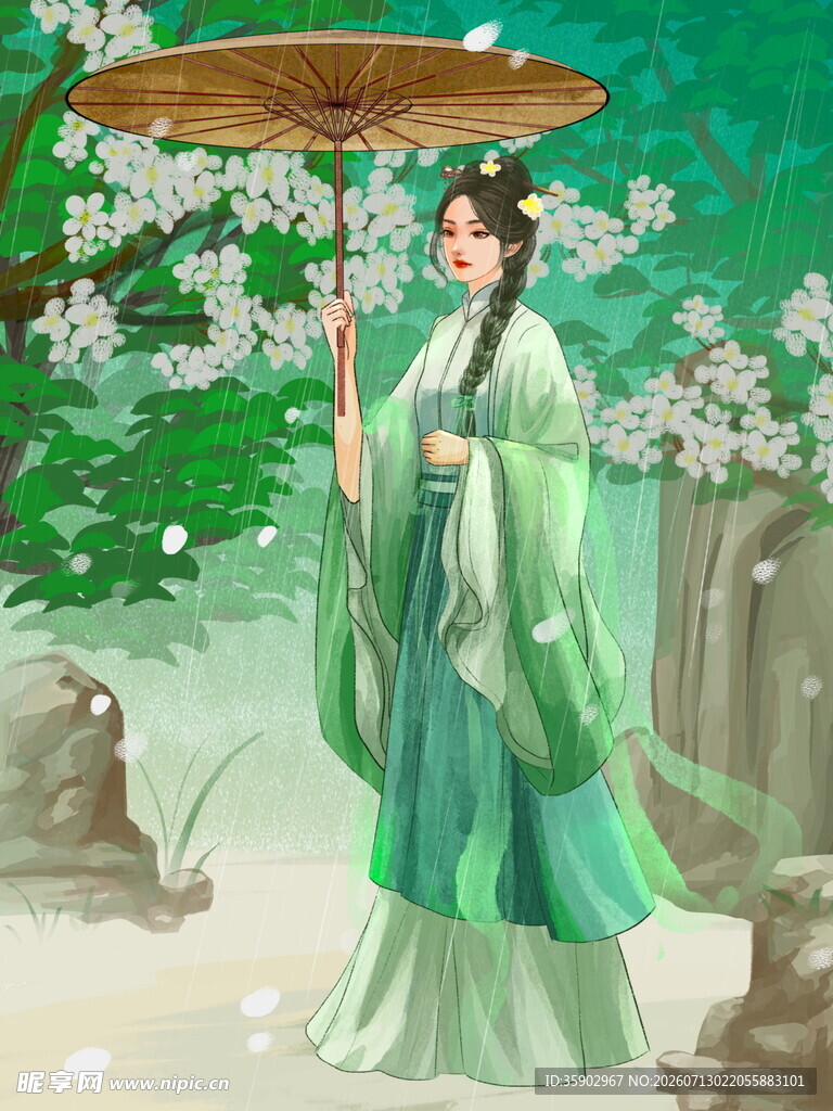 古风女子持伞立于春日景中