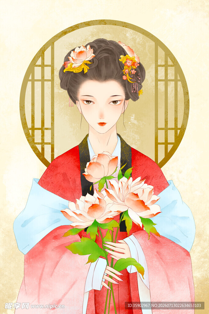 古典汉服女子手持莲花